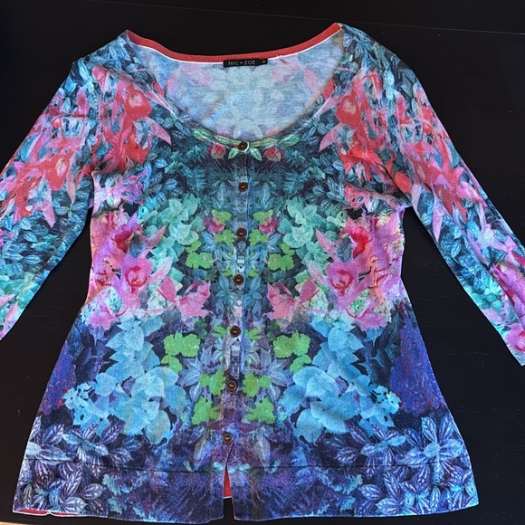 NIC + ZOE printed floral button up cotton blend cardigan size M - Picture 3 of 8